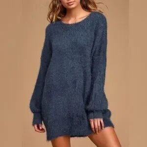 Lulus Slater Navy Blue Fuzzy Sweater Dress Size: Small/Medium
